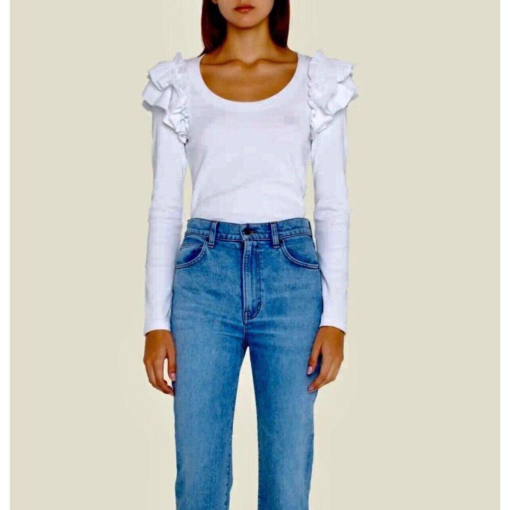 Veronica Beard White Ruffle Shoulder Long Sleeve Top